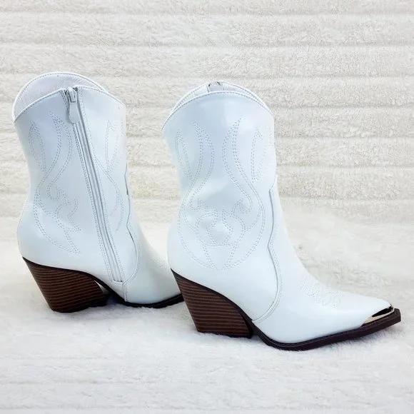 Tallas White Cowgirl Cowboy Ankle Boots Western Block Heels - Picture 3 of 7